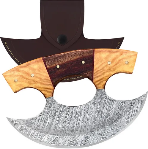 Vista 11 de Damascus Steel Alaskan Ulu con funda, cortador de pizza perfecto de 5.8 pulgadas, picador Mezzaluna para cocina, auténtico diseño esquimal inuit
