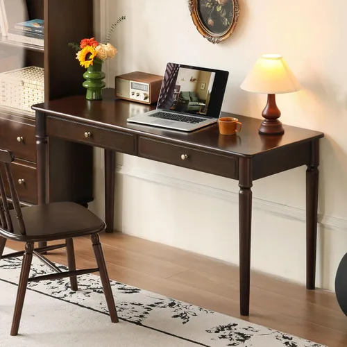 Vista 9 de Escritorio de madera maciza con acabado de nogal, escritorio pequeño para oficina en casa, escritorio de computadora para espacios pequeños