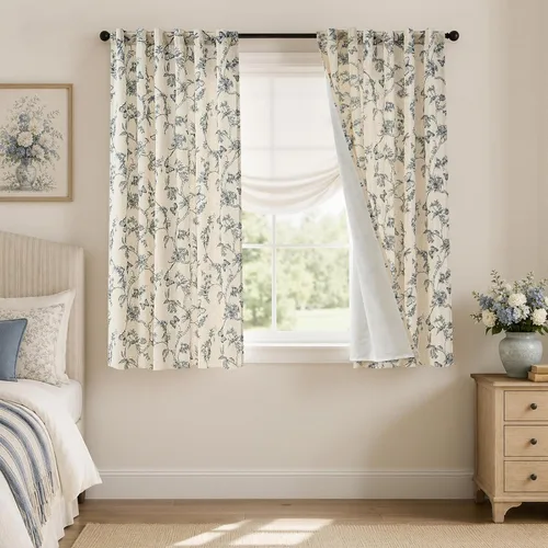 Vista 30 de Lazzzy Cortinas de lino floral verde con bolsillo para barra de granja, 50 Charlotte Verde