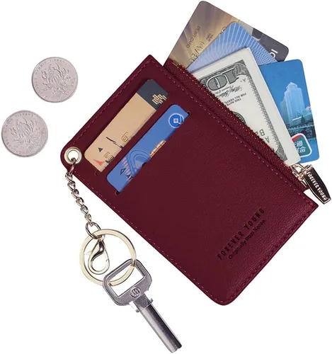 Vista 9 de Carteras pequeñas para mujer, tarjetero de piel delgado, cartera de monedas con llavero