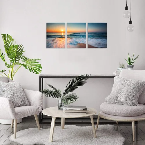 Vista 6 de TutuBeer 3 paneles de fotos de playa, arte de pared, diseño de mar azul, playa blanca al amanecer, imágenes impresas en lienzo, imágenes del océano
