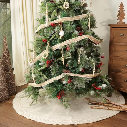 Vista 4 de Falda de árbol de Navidad de 48 pulgadas: falda de árbol de punto trenzado para árbol de 7.5 pies, falda de árbol blanco crema, faldas de árbol