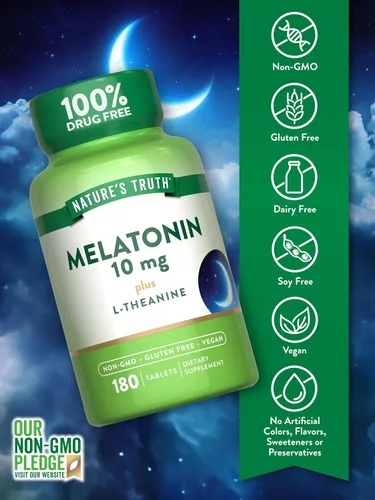 Vista 3 de Nature's Truth Tabletas de melatonina 10 mg 180 unidades con L-teanina Suplemento 100% libre de medicamentos para adultos Vegano, sin OMG