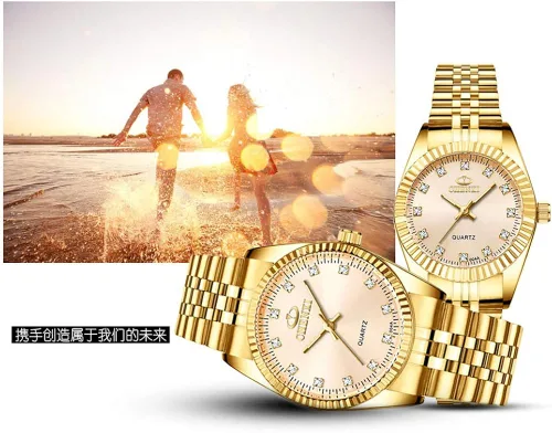 Vista 4 de MASTOP Reloj clásico de acero inoxidable dorado para él y para ella