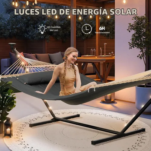 Vista 2 de SUNCREAT Hamaca doble con soporte de 12 pies, luces solares incluidas, hamaca al aire libre para exterior, gris oscuro