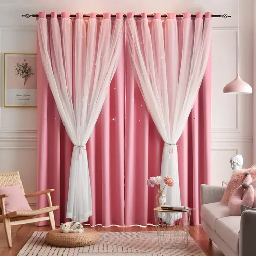 Vista 14 de Loyala Cortinas opacas de doble capa con diseño de estrellas para dormitorio de niños, bonitas, 63 pulgadas de largo, juego de 2 paneles, beige, 42