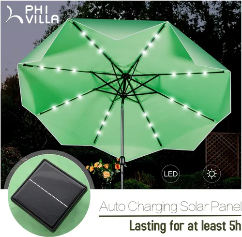 Vista 2 de PHI VILLA - Sombrillas de patio de 9 pies con 24 luces LED solares, sombrilla iluminada para mesa de mercado al aire libre con 8 varillas de acero