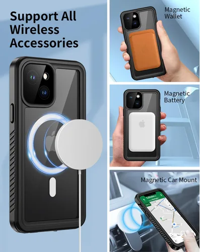 Vista 2 de Lanhiem Funda magnética para iPhone 13, impermeable, a prueba de polvo, a prueba de golpes, con protector de pantalla integrado compatible con Negro