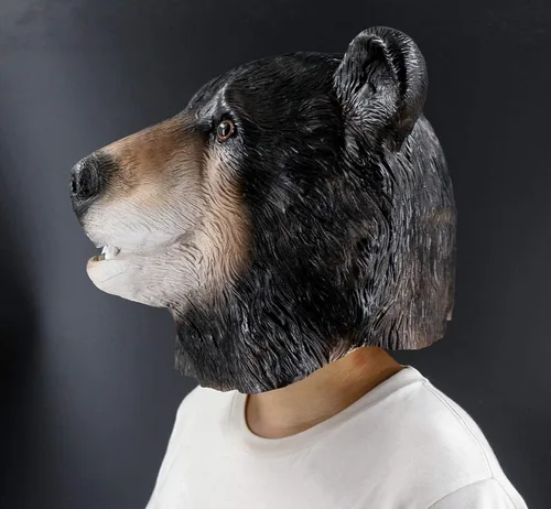 Vista 6 de Máscara realista de látex de oso negro para adultos, disfraz de Halloween, cosplay, fiesta de carnaval, Negro