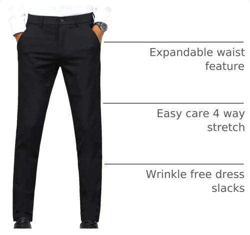 Vista 4 de Plaid&Plain Pantalones de vestir para hombre, elásticos, corte delgado, 4 direcciones de flexibilidad 7603# Negro