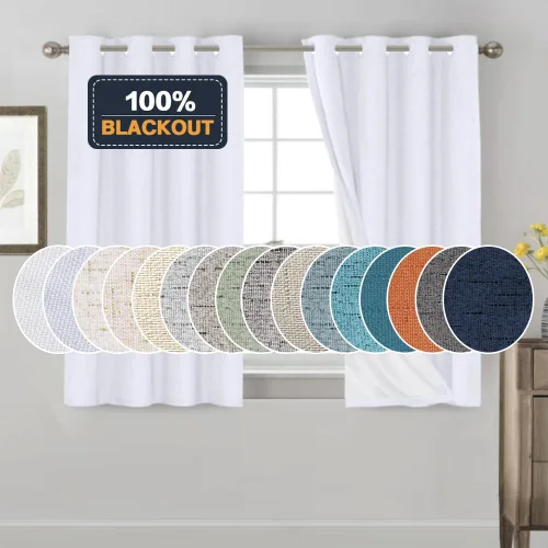 Vista 148 de Cortinas con textura de lino 100% opacas de 64 pulgadas de largo, juego de 2 paneles de cortinas de lino opacas con forro aislante térmico que Arena