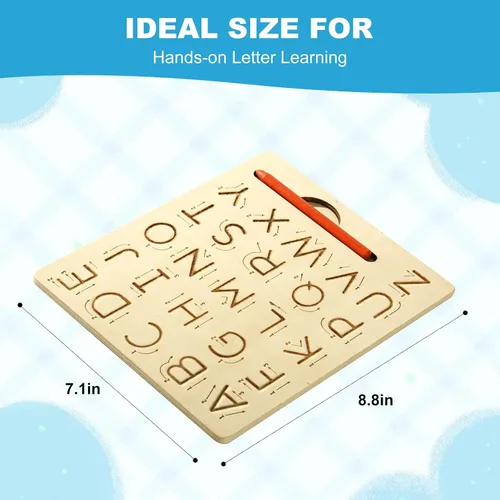 Vista 3 de Tabla de práctica de letras de madera, tabla de trazado reutilizable del alfabeto de escritura a mano de doble cara para niños pequeños y regalos