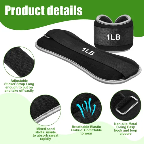 Vista 3 de Hollowfly Juego de 4 pares de pesas ajustables para tobillo y pierna para mujeres y hombres, 1 libra y 2 libras de peso para muñeca, brazo, fitness