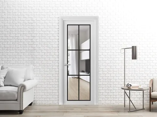 Vista 2 de Puerta francesa maciza de 18 x 80 pulgadas Lucia 2366 vidrio transparente de seda blanca Marco de panel regular individual manija Puertas