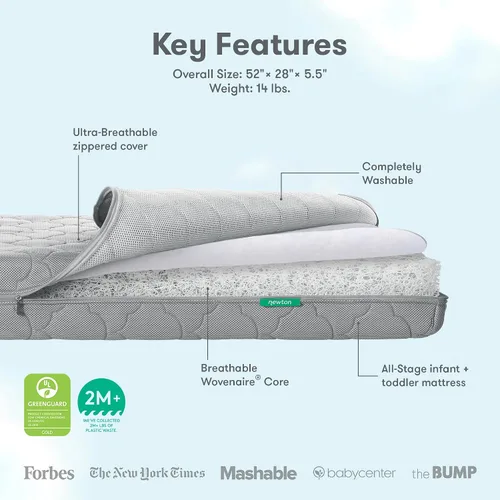 Vista 2 de Newton Baby Crib Mattress & Toddler Bed, Breathable & Washable - Grey Gris