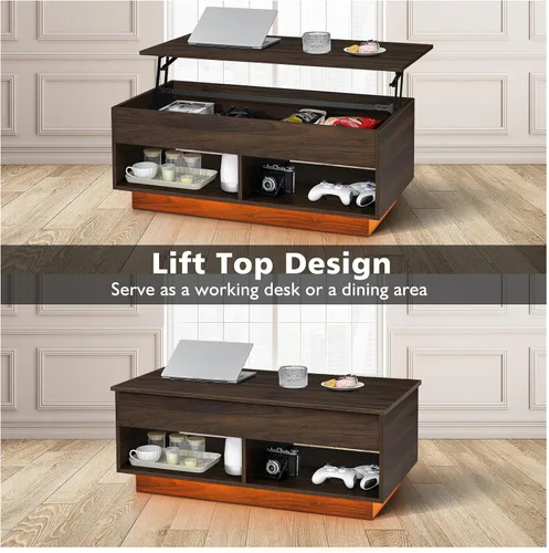 Vista 12 de HOMMPA Mesa de centro moderna con tapa elevable con almacenamiento para sala de estar, mesa de centro LED, mesa de comedor de madera con 2 cajones