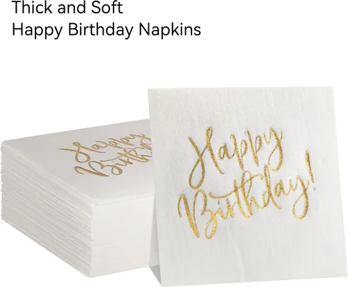 Vista 5 de MORGIANA Servilletas de feliz cumpleaños, servilletas de lujo de oro blanco para cena de cumpleaños, servilletas de cóctel desechables, servilletas