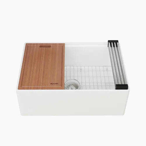 Vista 14 de Ruvati 23 x 18 pulgadas Fregadero de Cocina de Arcilla Refractaria, Modelo Farmhouse con Delantal Delantero, de Una Cubeta - Blanco - RVL2468WH