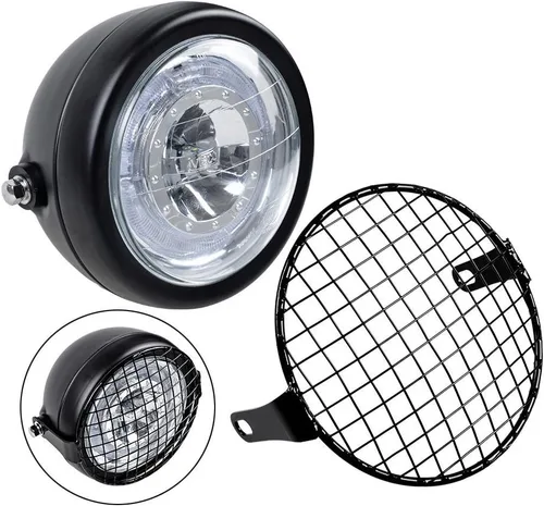 Vista 7 de Faro universal para motocicleta de 6 1/2 pulgadas color ámbar + cubierta de faro con rejilla de malla Cafe Racer Bobber Ámbar + malla