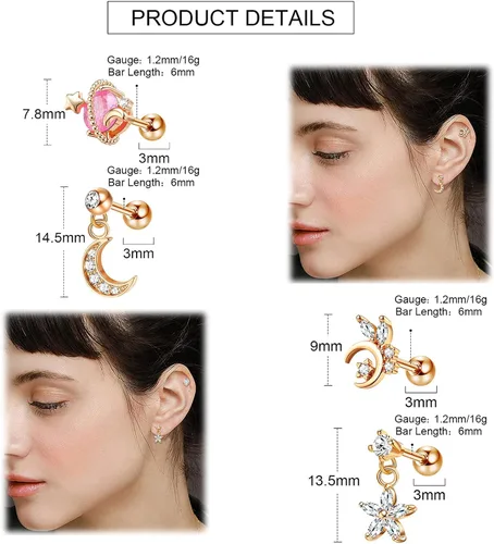 Vista 6 de JOERICA 9 aretes de cartílago para mujer, acero inoxidable 316L, chapados en oro, circonia cúbica, colgantes, hélix, tragus, cartílago, piercing