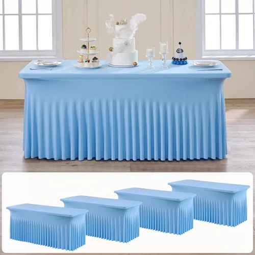 Vista 51 de Paquete de 2 manteles de elastano azul bebé de 6 pies con falda de mesa con volantes, manteles ajustables elásticos sin arrugas para mesas
