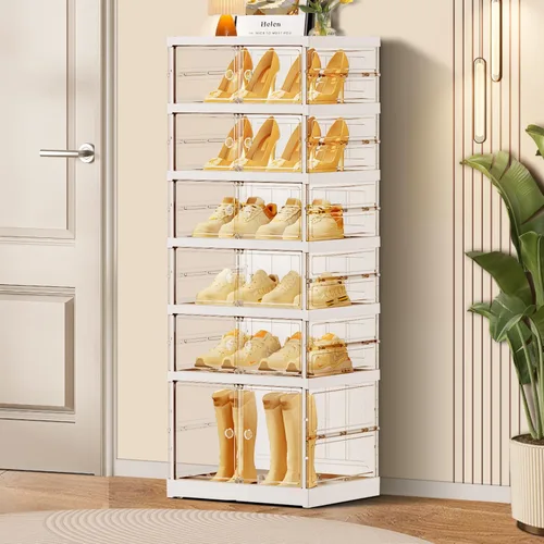Vista 18 de CIMLORD Estante de zapatos plegable de 3 niveles para armario y entrada, 3-6 pares, cajas de almacenamiento de zapatos apilables transparentes