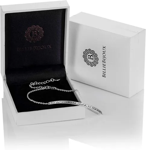 Vista 6 de Pulsera de plata de ley 925 para mujer con grabado inspirador ajustable "She Believed She Could So She Did" para mujeres y niñas