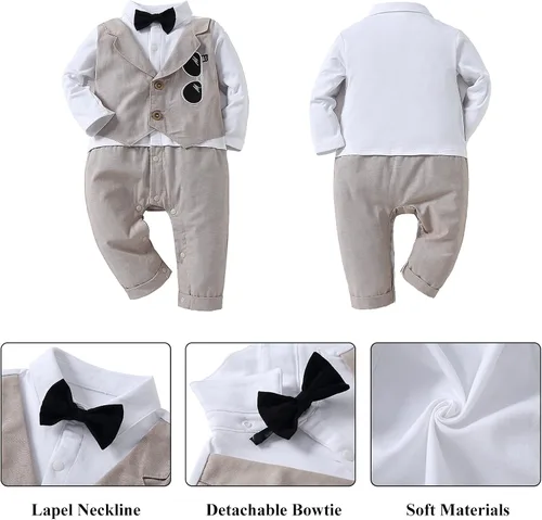 Vista 4 de HOSUKKO - Traje de bebé para caballero, mamelucos + boina + corbatín (0-24 meses)