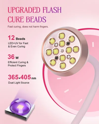 Vista 2 de Lámpara de uñas LED UV para esmalte de uñas de gel, cura flash de 36 W, recargable con cuello de cisne inalámbrico, mini luz de uñas, secadora