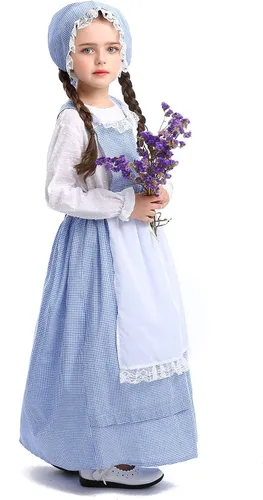 Vista 3 de LMYOVE Disfraz de pionera para niñas vestido colonial de manga larga con delantal colonial para niños color azul 5-10 años
