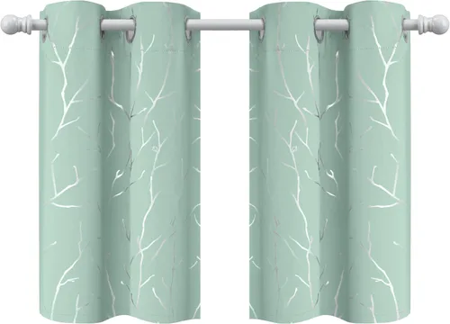 Vista 8 de BUHUA Cortinas pequeñas para ventana de 36 pulgadas de largo, 2 paneles, cortinas opacas con elegantes ramas de árbol plateadas, cortinas de bloqueo