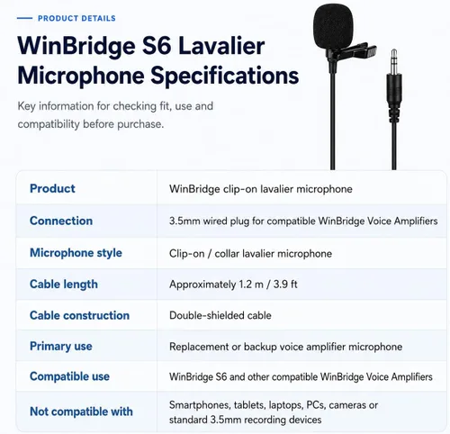 Vista 4 de WinBridge - Micrófono de solapa con clip para amplificador de voz
