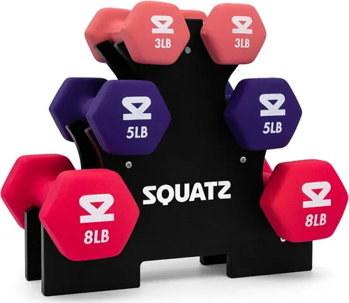 Vista 8 de SQUATZ Juego de mancuernas con soporte, pesas recubiertas de neopreno de 32 libras en color gris, negro y naranja, forma hexagonal antideslizantes