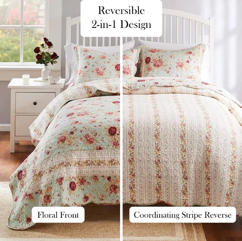 Vista 7 de Greenland Home juegos de edredón con diseño de rosas antiguas de 100% algodón de calidad hereditaria, 2 piezas, tamaño individual/XL, azul