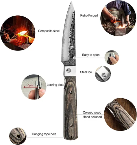 Vista 4 de SENBON Cuchillo universal plegable de bolsillo de acero inoxidable 440A forjado 440A con mango de madera de color para acampar, viajes, al aire