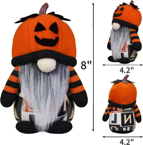 Vista 3 de Decoraciones de gnomos de Halloween, paquete de 2 sombreros hechos a mano con cara de calabaza sueca Tomte nórdico de felpa elfo Nisse adorables