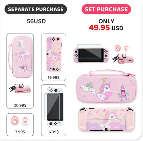 Vista 6 de RHOTALL Lindo juego de funda de transporte de unicornio para Nintendo Switch OLED, funda de almacenamiento rosa para Switch OLED y accesorios