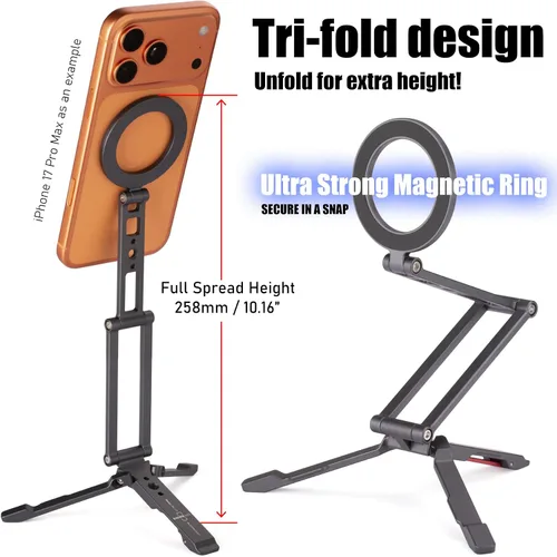 Vista 2 de SHINEWEE Soporte de trípode magnético ultracompacto: soporte de teléfono de aluminio para iPhone 17/16/15/14/13/12 Pro Max, soporte ajustable