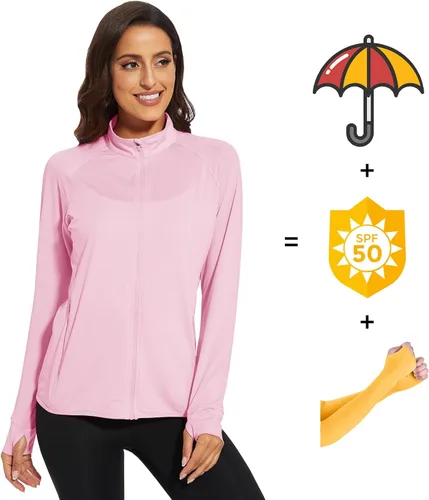 Vista 6 de CRYSULLY Camisas de protección solar UPF 50+ para mujer, de secado rápido, chaqueta de manga larga con bolsillos con cremallera, senderismo, correr