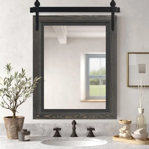 Vista 13 de Espejo de Puerta de Granero Estilo Granja, 32"x24" Espejo de Baño Rústico, Espejo de Pared con Marco de Madera, Espejo de Madera para Sala de Estar