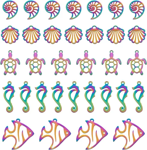 Vista 2 de 20 colgantes con temática oceánica de acero inoxidable con diseño de arco iris, dijes multicolor para hacer joyas, collares, aretes, pulseras