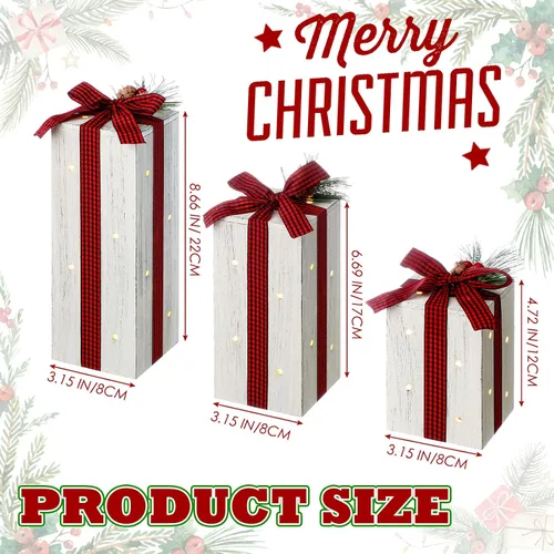 Vista 2 de Barydat 3 piezas de cajas de regalo iluminadas de Navidad para decoración de mesa de Navidad, centro de mesa rústico de madera para regalo