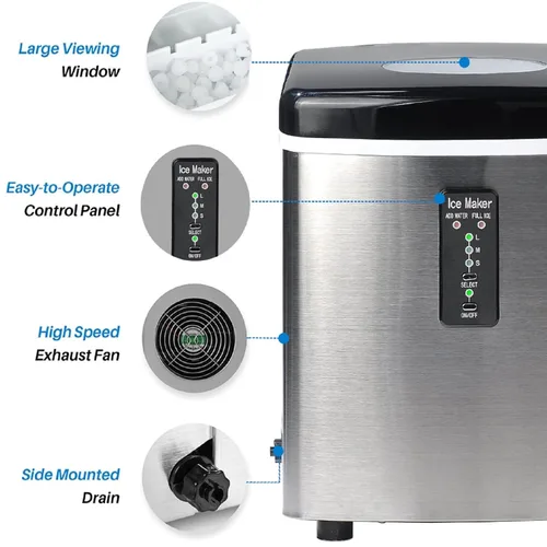 Vista 5 de Máquina de hacer hielo para encimera, máquina de hielo portátil con bala masticable para casa, oficina, bar, fiesta, 33 libras, acero inoxidable