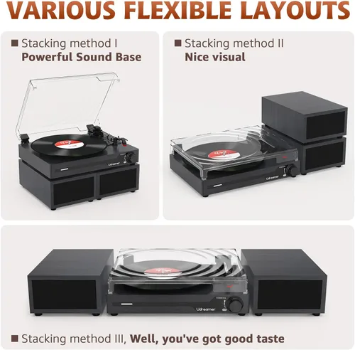 Vista 9 de Reproductor de discos de vinilo con altavoces, tocadiscos portátil Bluetooth para discos de vinilo, fonógrafo LP con reproductor de 3 velocidades
