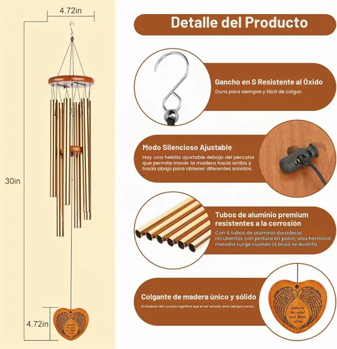 Vista 2 de Campanillas de Viento para Exterior, Campanillas Grandes de 30" con Tono Profundo de Simpatía, Memorial para la Pérdida de un Ser Querido Madre