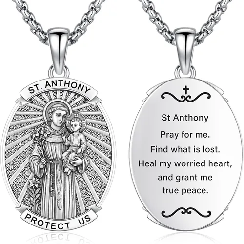 Vista 20 de Collar con colgante de amuleto de medalla de San de plata 10A-St Michael Oval