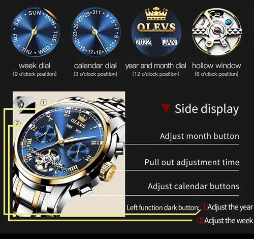 Vista 6 de OLEVS Relojes automáticos de cuerda automática para hombre, fecha y día, calendario, relojes de acero inoxidable, movimiento esquelético