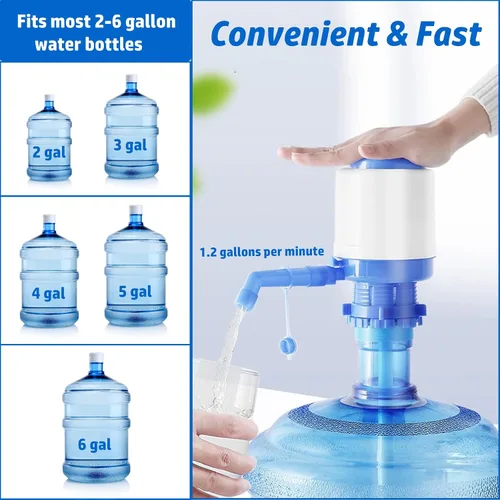 Vista 2 de Bomba de agua manual portátil azul para botella de 5 galones, dispensador de jarra de agua, bomba de agua potable con un tubo extra corto y tapa