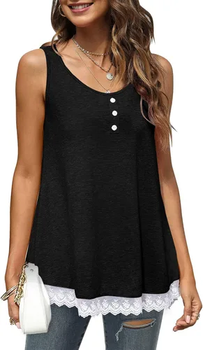 Vista 5 de Women Crewneck Button Up Tank Top Casual Loose Pure Color Lace Trim Ruffle Hem Camisole for Daily Party Date