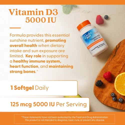 Vista 5 de Doctor's Best Vitamina D3 5000UI, sin OGM, sin gluten y soja, regula la función inmunitaria, favorece huesos saludables, blanco, sin sabor, 180